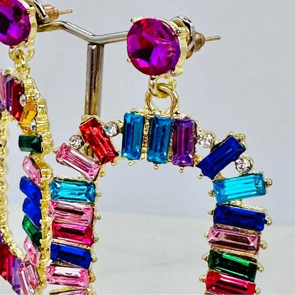 Glam Rhinestone Statement Earrings Colorful Baguette Dangle Rainbow Brig… - Picture 6 of 10